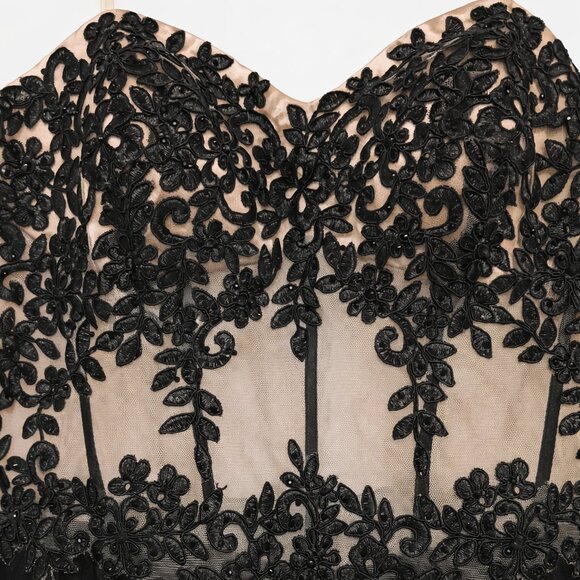 Black Cocktail Nude Illusion Bodice Floral Embroidery with Black Tulle Skirt - Picture 2 of 5